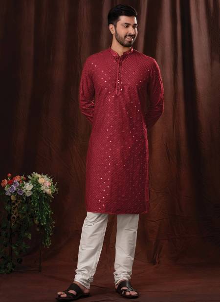 Red Colour JASHN Fancy Festive Wear Mirror Embroidery Work Kurta Pajama Mens Collection JSN-KP-6